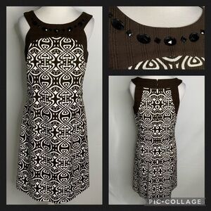 NWT Ann Taylor Sleeveless Brown & White Jeweled Neckline Career Sheath Dress 4